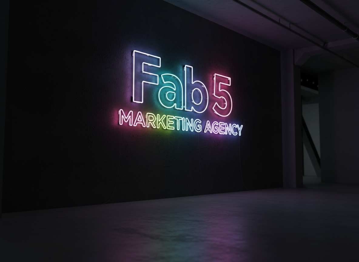A bold, oversized neon sign that reads “Fab 5 Marketing Agency” in sharp, geometric lettering, mounted on a matte black wall. Vivid electric pink, cyan, and lime-glow tubing forms the letters, with subtle reflections on a sleek, dark concrete floor below. Soft studio lighting combines with the neon’s intense glow, creating dramatic gradients and long, stylized shadows that radiate outward. Shot from a slightly low, eye-level angle to make the sign feel powerful and iconic, with a shallow depth of field that keeps the brand name razor sharp while the edges of the room blur. The photographic realism and high contrast give the scene an energetic, viral-ready, ultra-modern agency vibe.